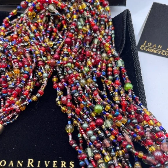 Vintage Joan Rivers Glass Gold Tone Jewel Tone 12 Multistrand Beaded Necklace